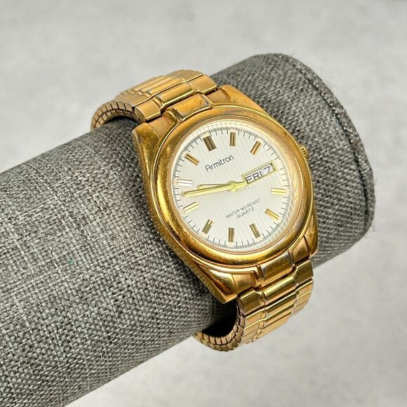 Armiton Watch Mens 35mm Day Date White Dial Gold Tone Expansion New Battery - Picture 2 of 11